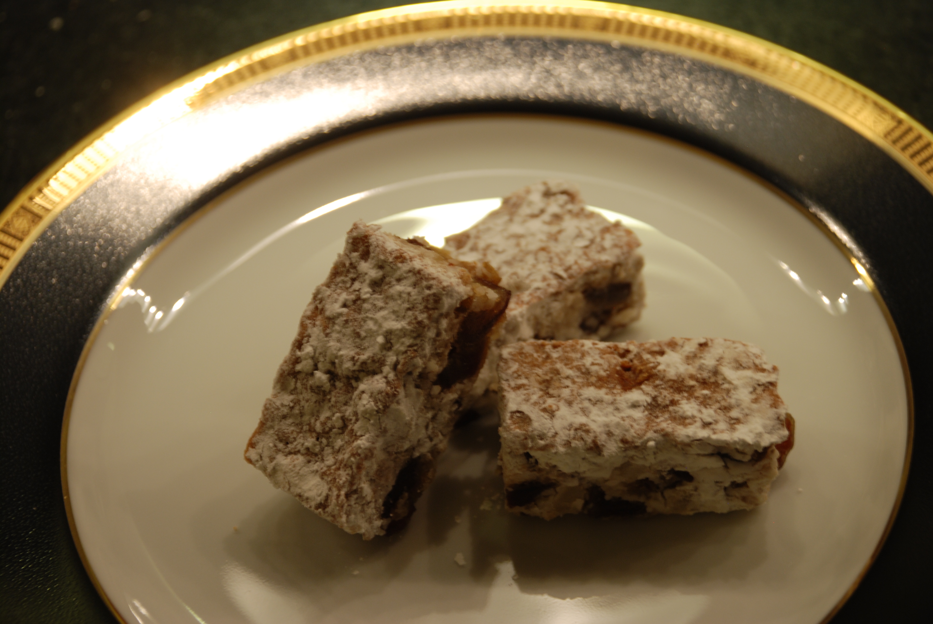 Date bars on a holiday plate.