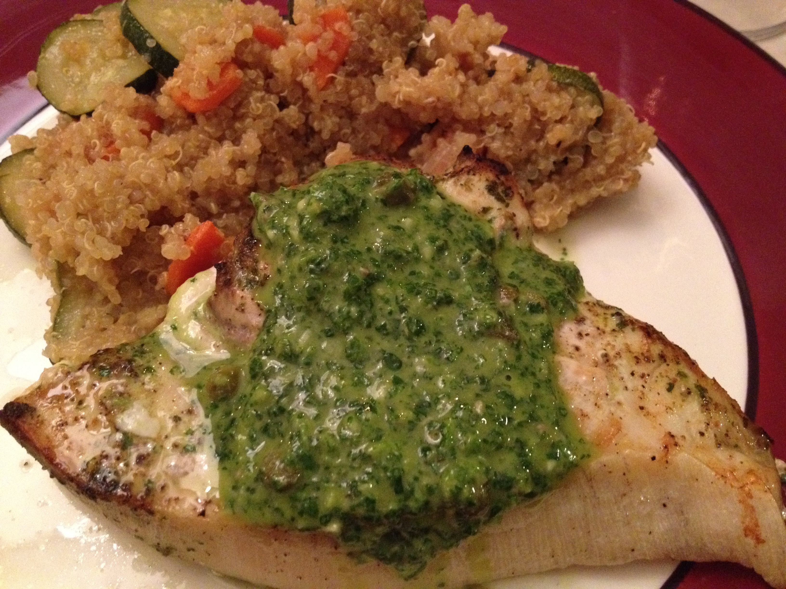 Broiled swordfish with parsley pesto and quinoa with sauteed vegetables