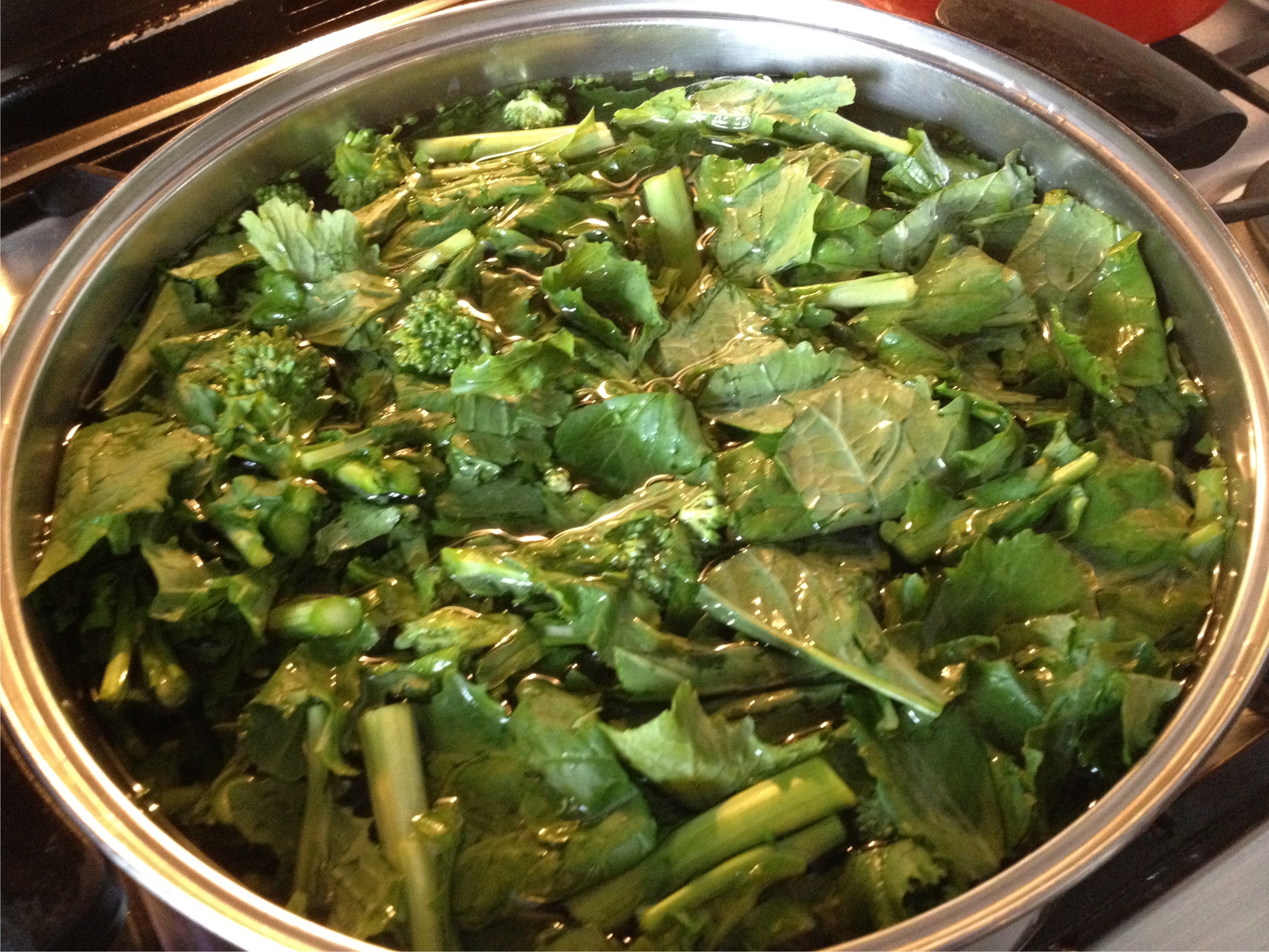 Broccoli rabe in a pot.
