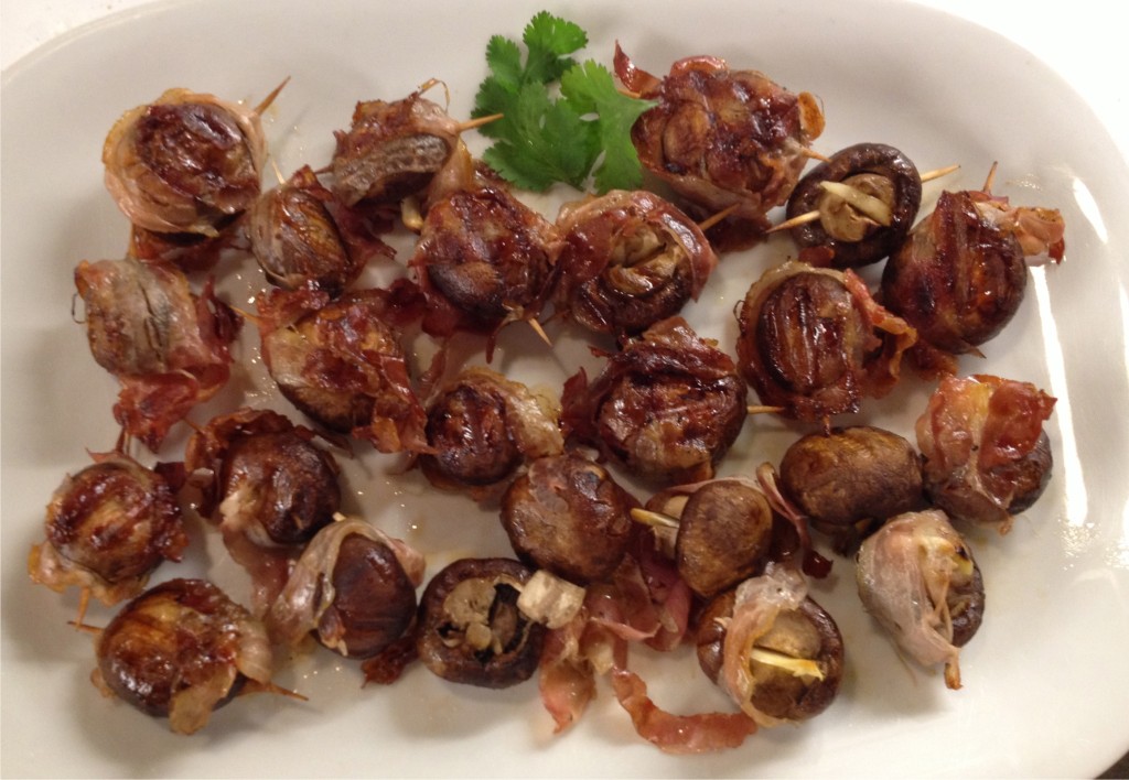 Pancetta-wrapped grilled mushroom appetizer from Food and Wine magazine.