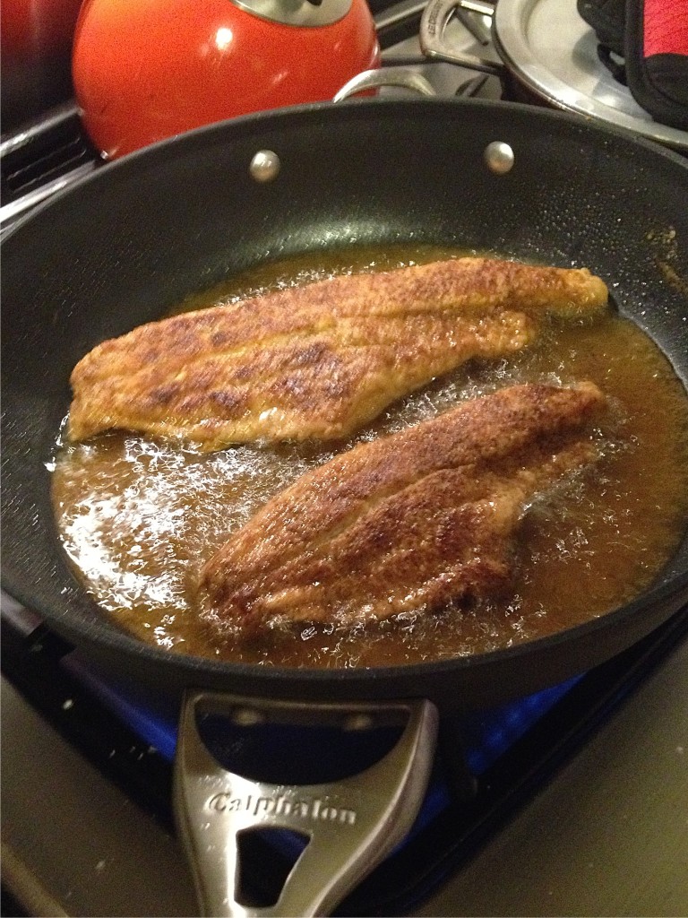 Calphalon skillet with catfish frying.