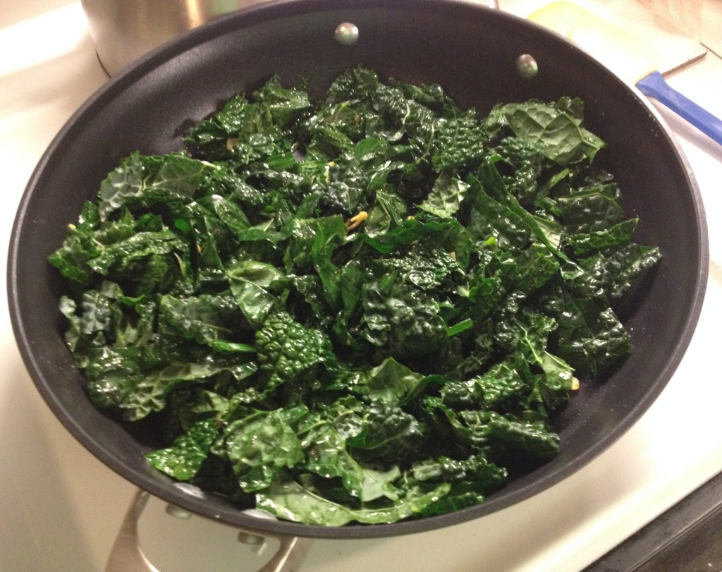 Calphalon skillet with kale.