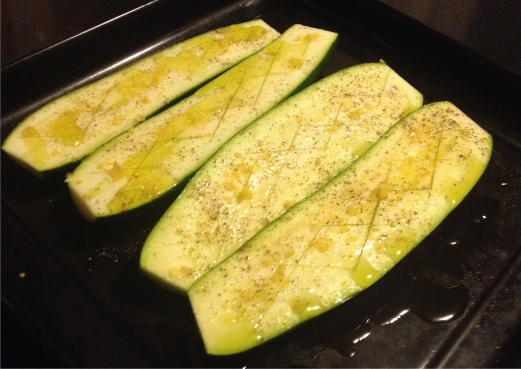 Zucchini ready to roast with Falksalt Citron olive oil and pepper.
