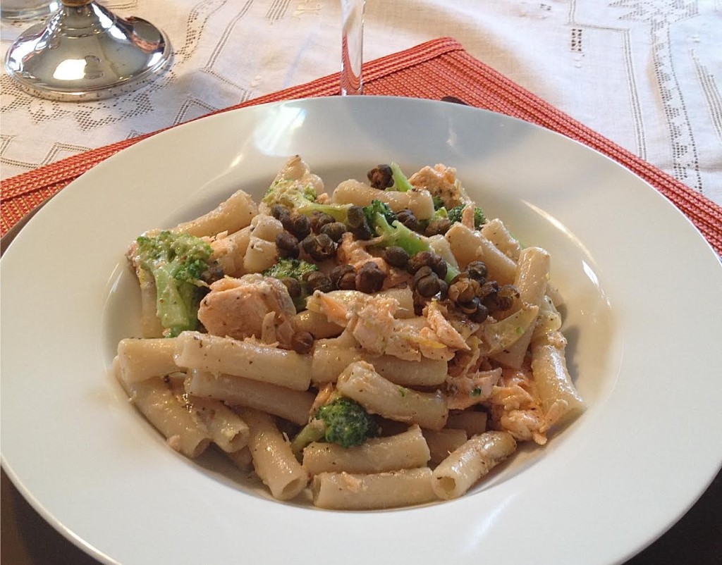 Pasta with salmon and broccoli topped with fried capers-single serving.