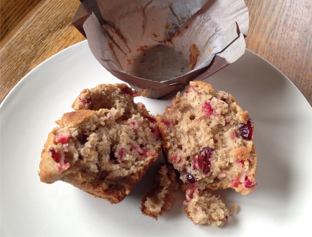 Cranberry walnut muffins - muffin in half.