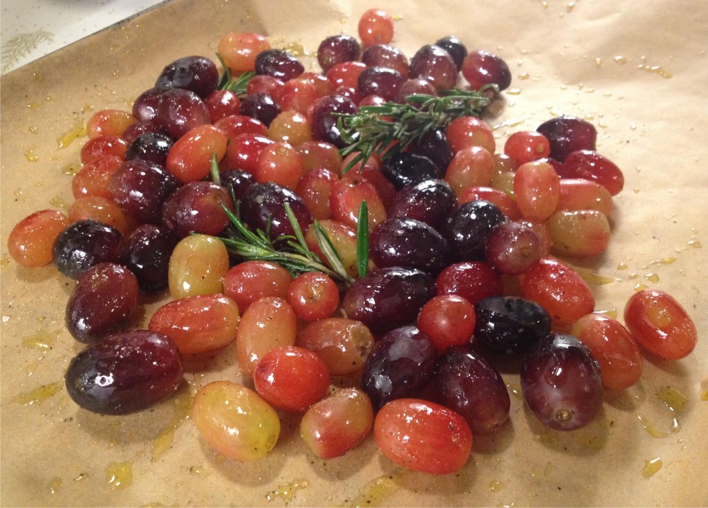 Getting ready to roast the grapes with rosemary for a crostini grape appetizer.