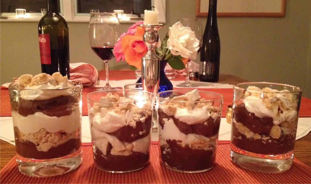 Four glasses of Maddy's Peppermint Shortbread Chocolate Trifle. 