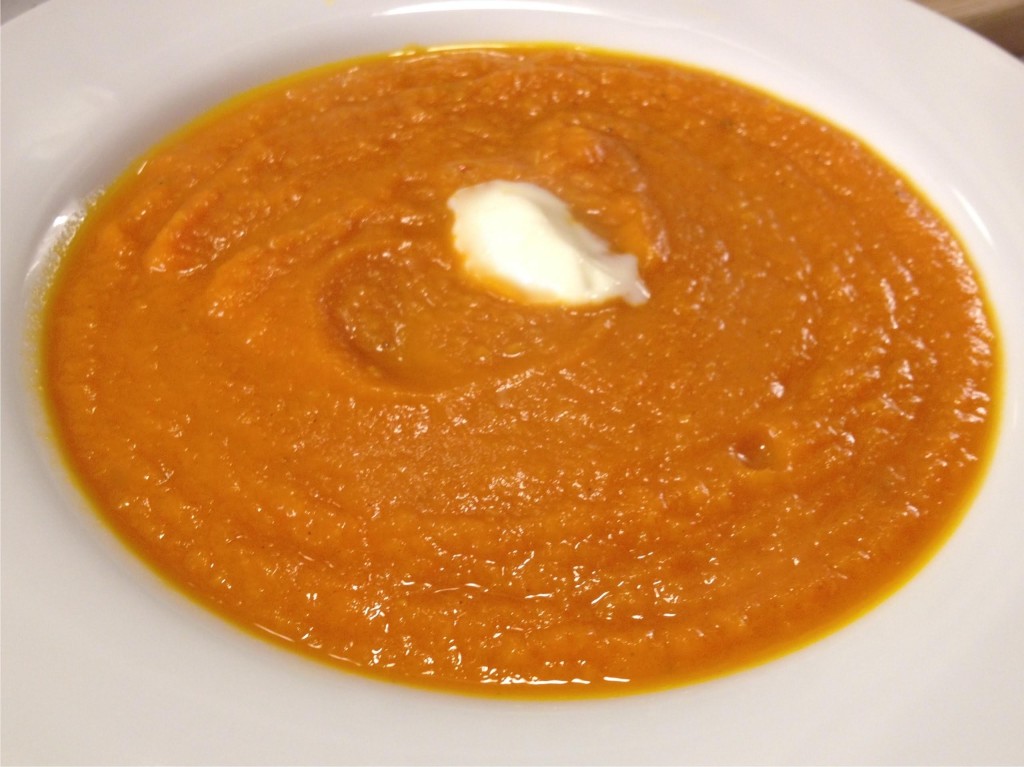 Carrot ginger soup with a dollop of creme fraiche.