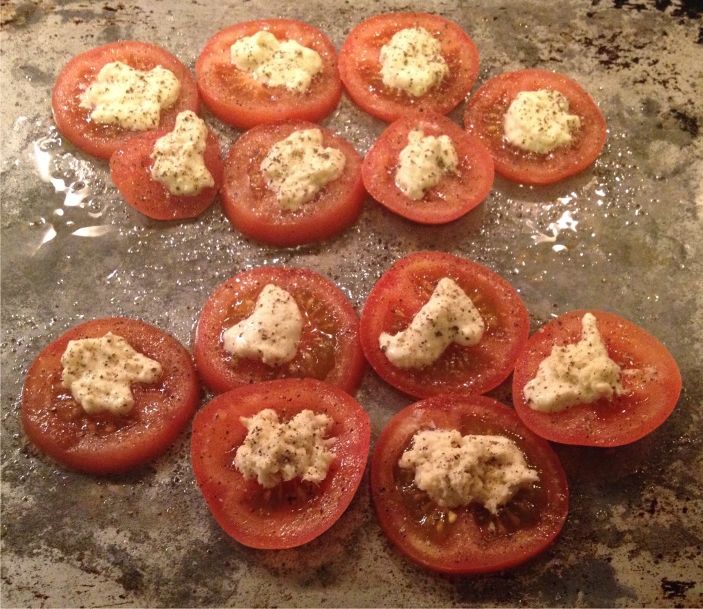  Tomatoes with horseradish on a pan. 