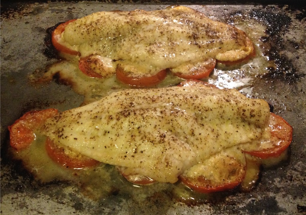 Catfish with tomatoes and horseradish - done on a pan.