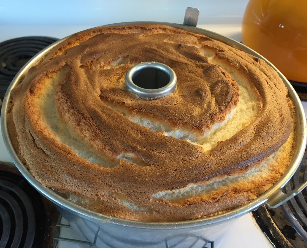 Angel food cake done in pan.