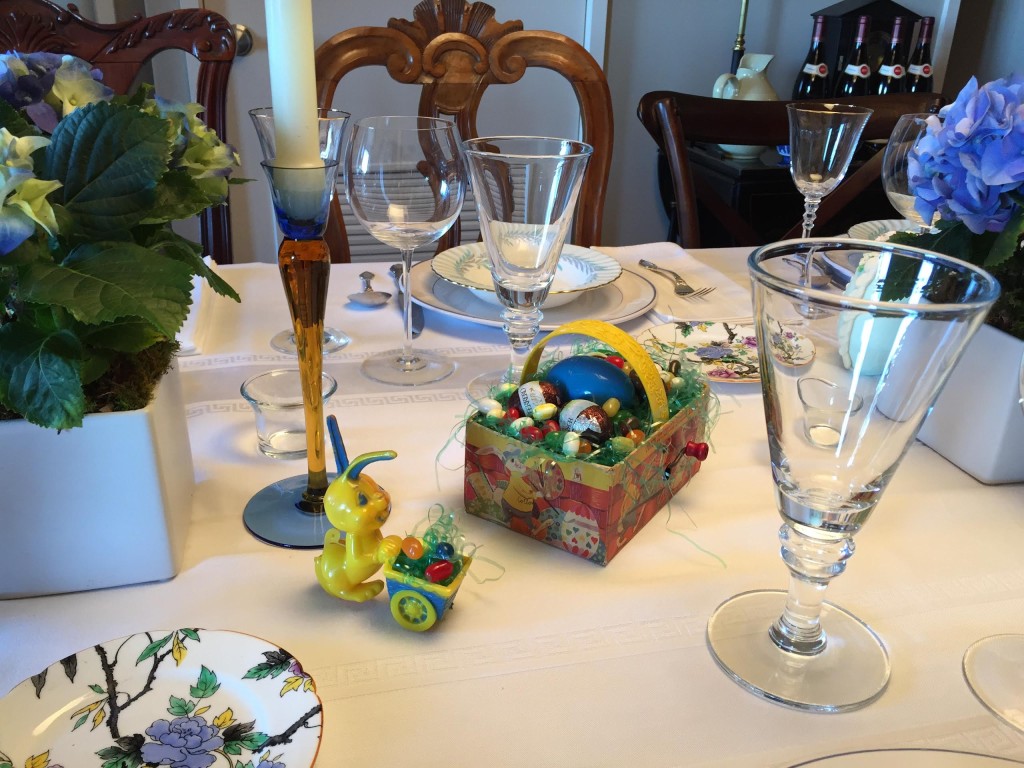 Easter Sunday with antique toys on the dining room table.