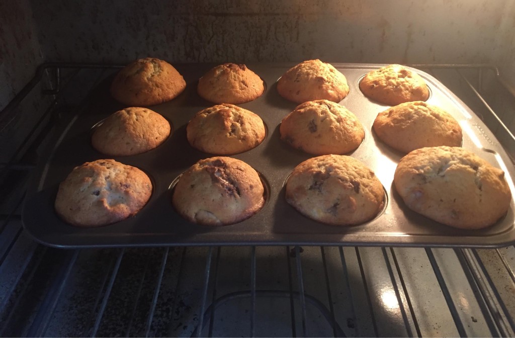Loacker Banana Nut muffins in the oven.