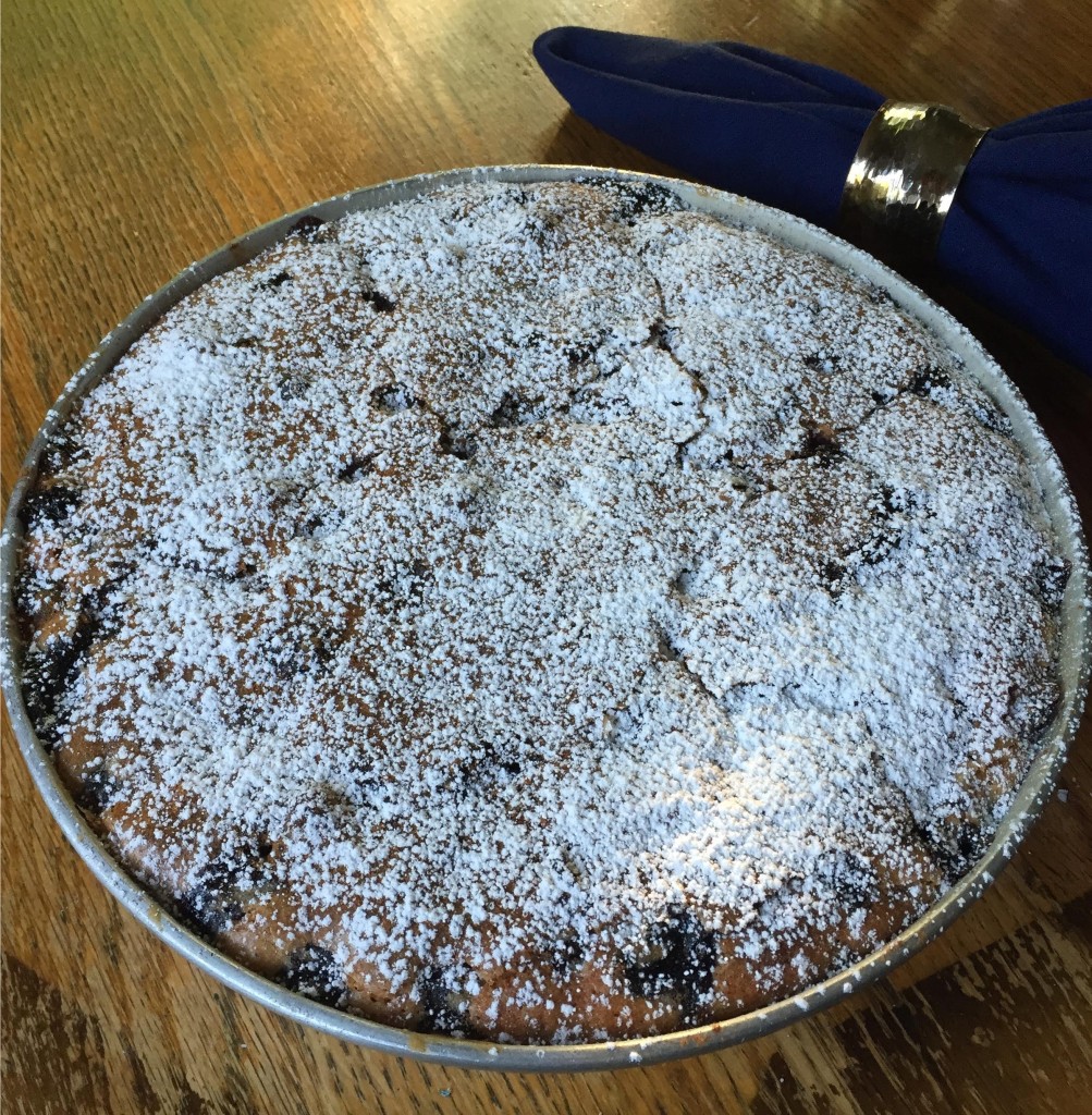 Blueberry Buckle finished with powdered sugar.