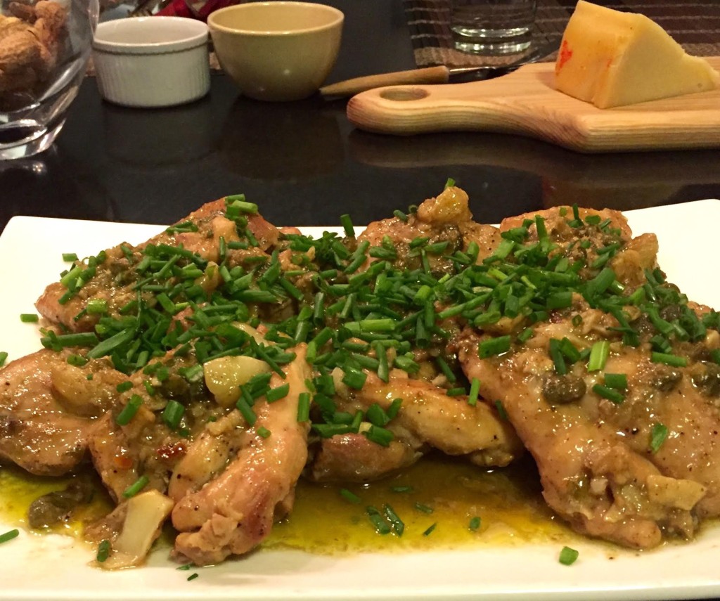 Garlicky Chicken with lemon anchovy sauce-side view.