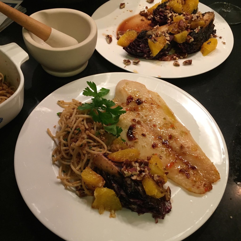 Jenkins Jellies Hell Fire pepper jelly on basa fish with seared radicchio, oranges, pecans and aged balsamic vinegar.