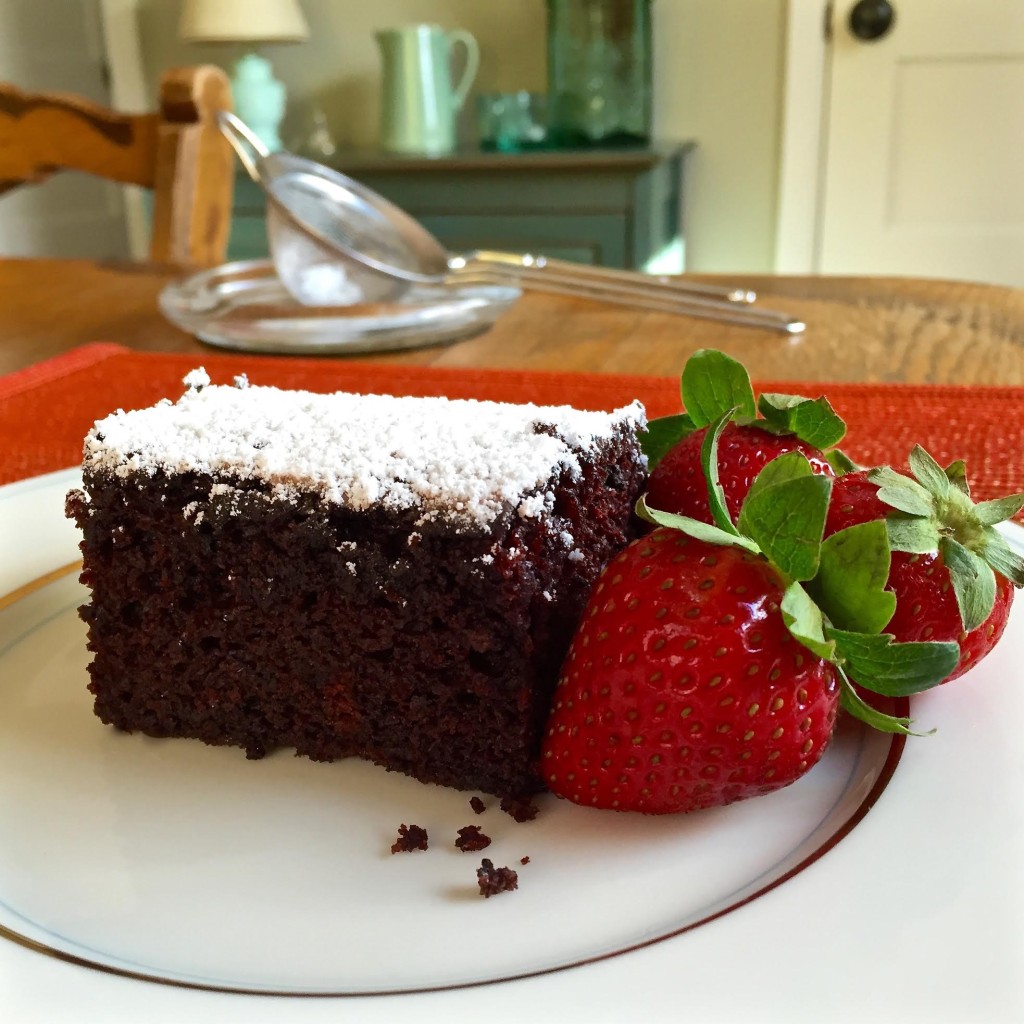Ultragrain multigrain flour in Made in the Pan choc. cake piece cut with strawberries.