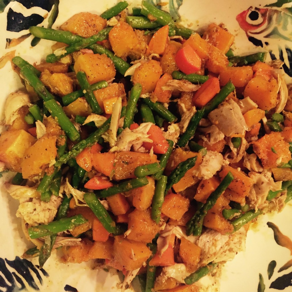 Leftover Turkey or Chicken with Butternut Squash, Asparagus and Persimmon - in a bowl.