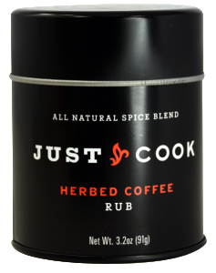 Just Cook Foods Herbed Coffee Rub in a black package.