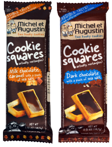 Michel et Augustin Cookie Squares in dark chocolate and milk chocolate caramel flavors.