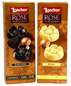 Loacker Rose of the Dolemites in white and dark chocolate.