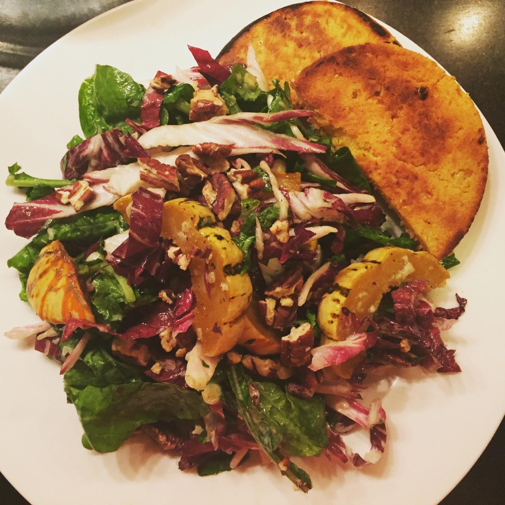 Roasted Squash and Radicchio Salad With Buttermilk Dressing & sweet corn arepas.