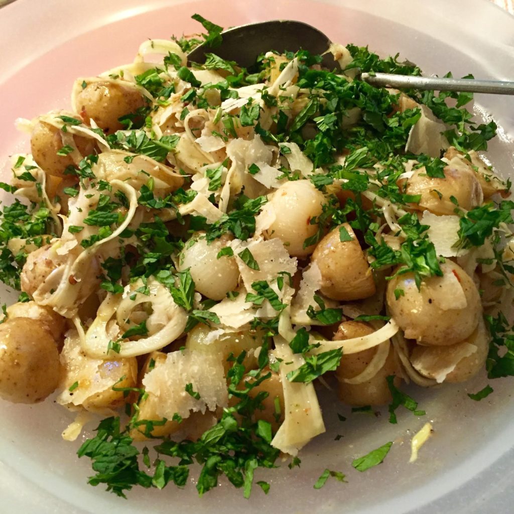 Best potato salad with fennel, parmigiano cheese, cippolini onions and piccholine olives.