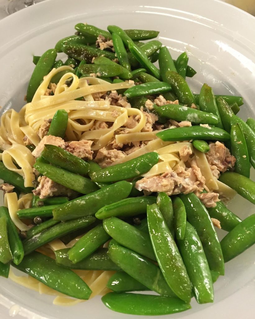 Fettuccine with salmon and sugar snap peas.