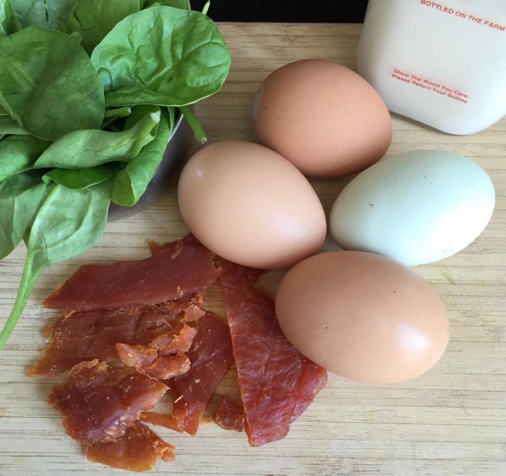 Chef’s Cut Honey Barbeque Chicken Jerky & Spinach Omelet ingredients.