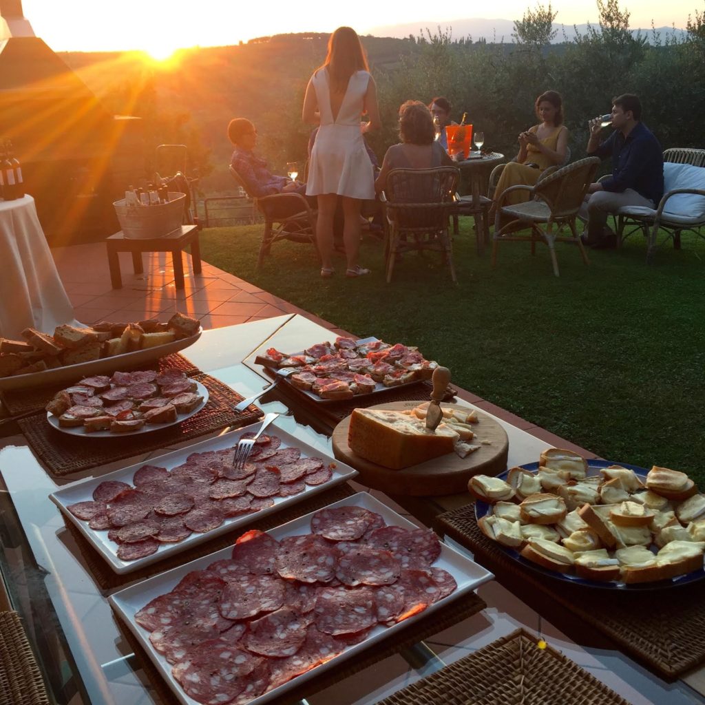  A Tuscan spread of appetizers at sunset, overlooking Arezzo.