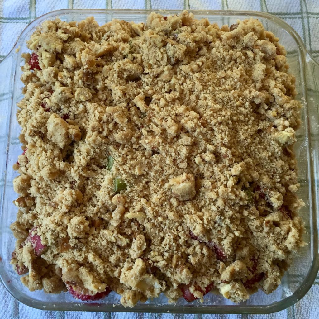 Strawberry and Rhubarb Crisp-ready to go into the oven.