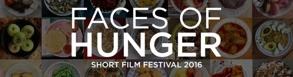 Faces of Hunger logo with food background