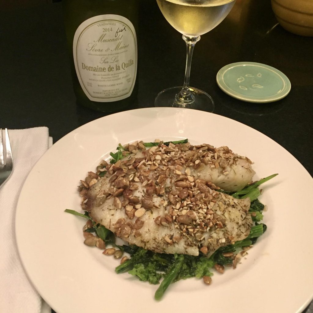 Oven roasted tilapia topped with chopped Maple Sugar & Sea Salt Superseedz on a bed of sauteed broccoli rabe.
