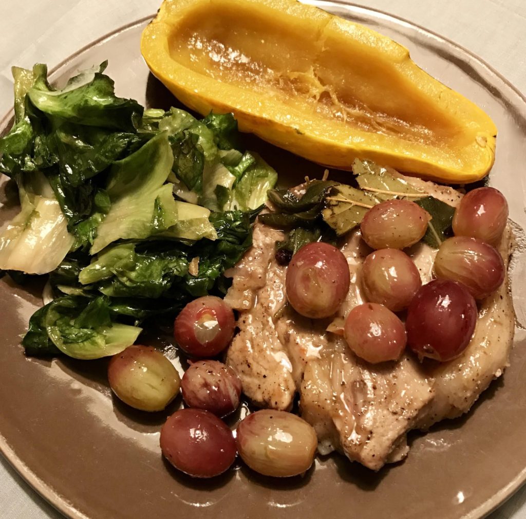 Braised Veal Chops with Honey and Red Grapes with sauteed escarole and roasted Delicata squash.
