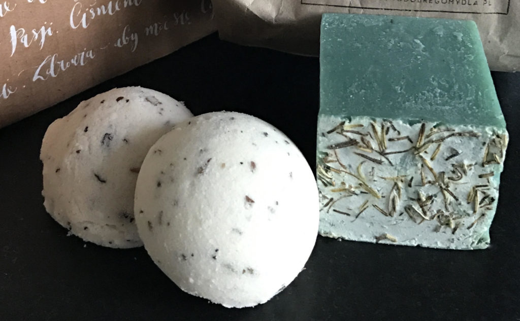 Close-up shot of handmade soaps and bath bombs.