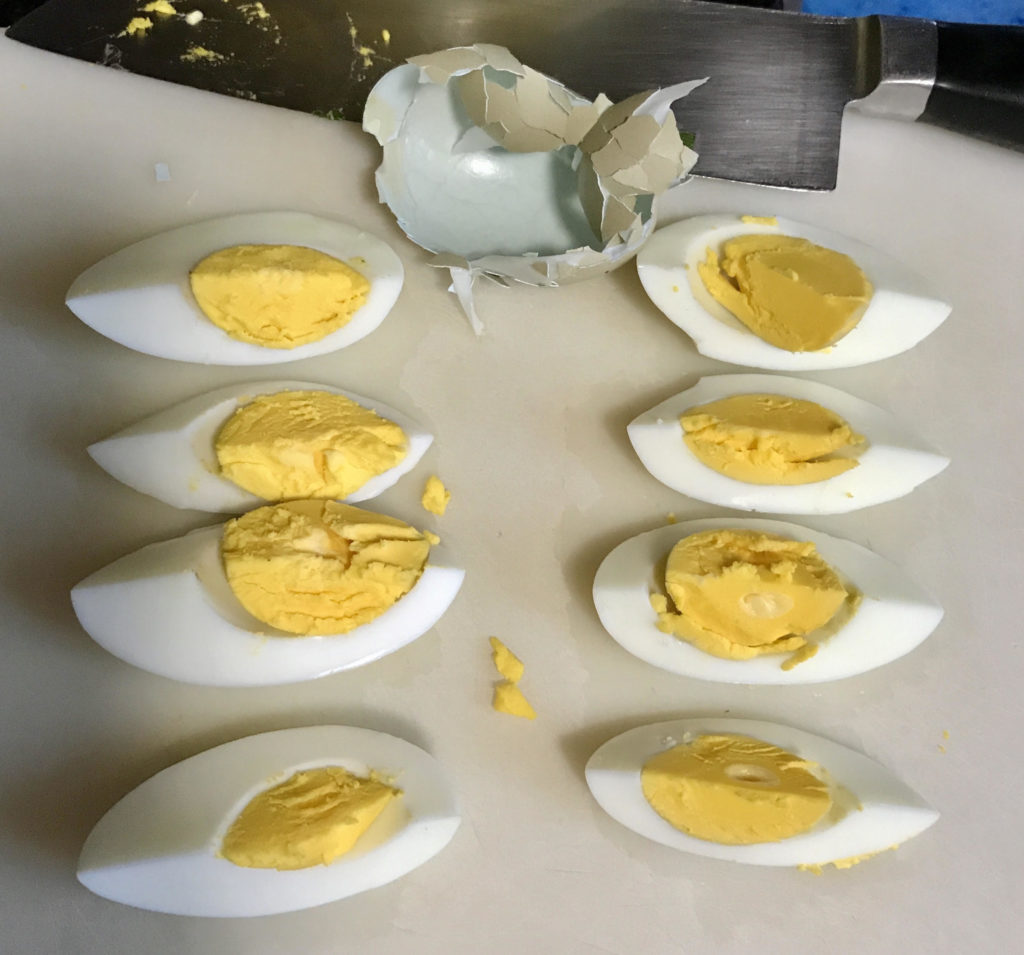 Hardboiled eggs cut up and blue eggshell.