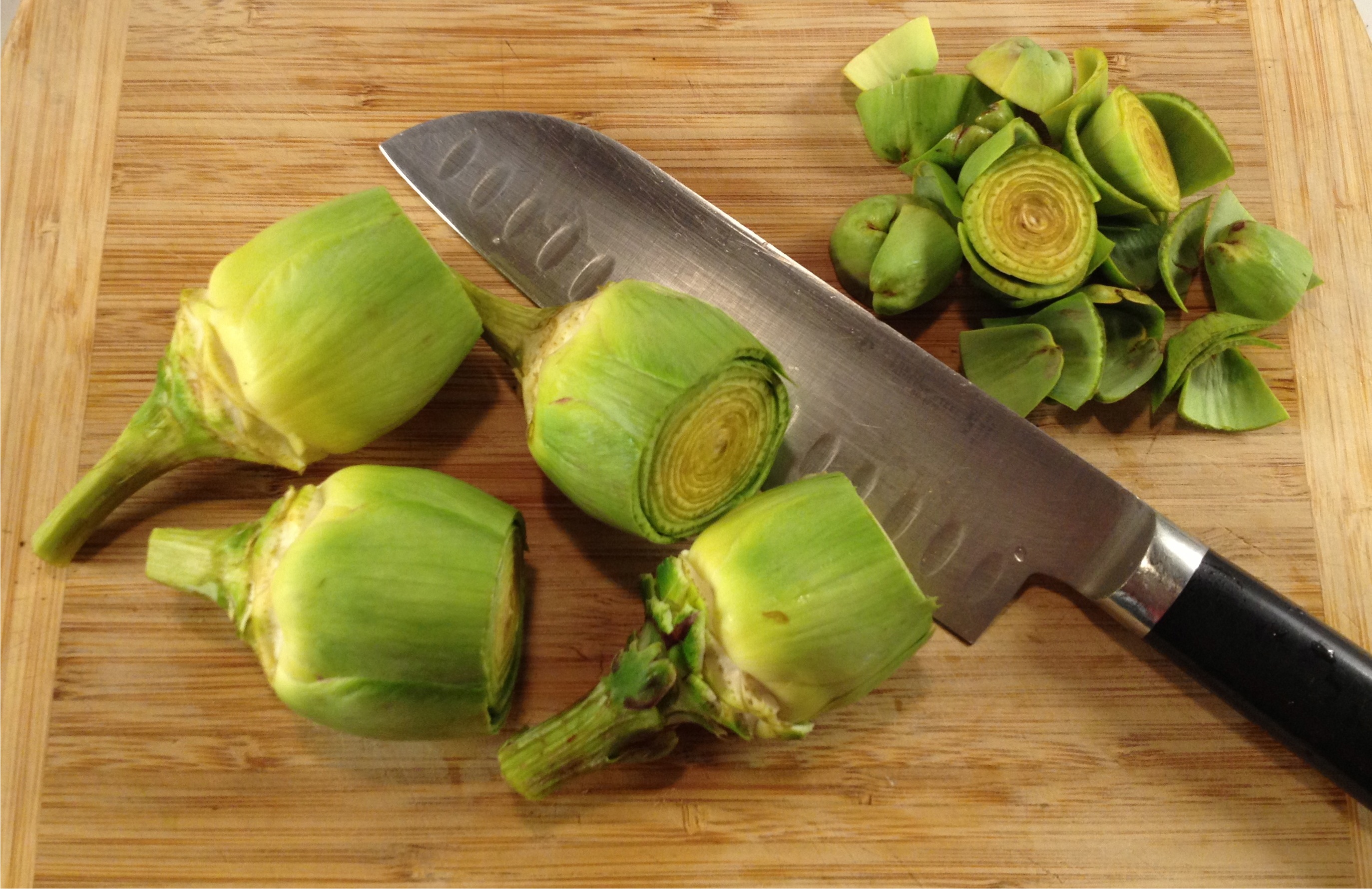 Baby artichokes on cutting board from May 11, 2013.